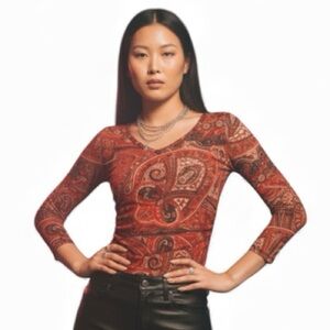 INC International Concepts Rust Paisley Print V-Neck Long Sleeve Top